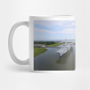 Photo from drone of a side view of the USS Yorktown Mug